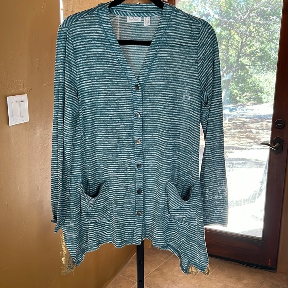 LOGO Green White Stripes Cardigan with Golden Lace Inserts Size Small Oversized